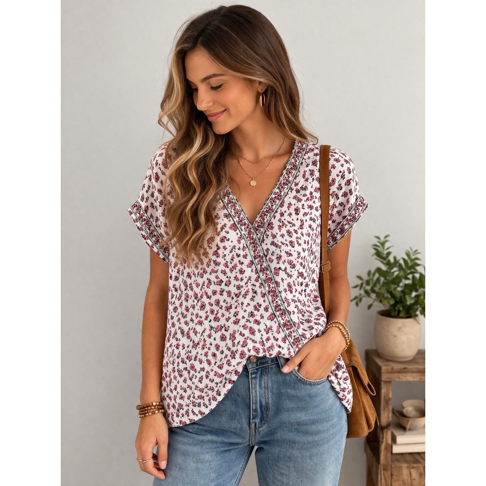 Floral Boho Blouse Womens Small White Pink Max Studio Cottagecore Top